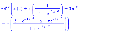 -exp(a*x)*(ln(2)+ln(1/(-1+exp(-3*exp(-a))))-3*exp(-a)-ln((3-exp(-3*exp(-a))-x+x*exp(-3*exp(-a)))/(-1+exp(-3*exp(-a)))))