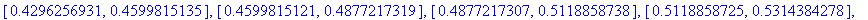 [[.2980341562, .3311000926], [.3311000913, .3644580713], [.3644580699, .3975259470], [.3975259456, .4296256944], [.4296256931, .4599815135], [.4599815121, .4877217319], [.4877217307, .5118858738], [.51...