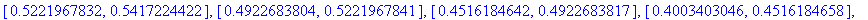 [[.2980341562, .3311000926], [.3311000913, .3644580713], [.3644580699, .3975259470], [.3975259456, .4296256944], [.4296256931, .4599815135], [.4599815121, .4877217319], [.4877217307, .5118858738], [.51...