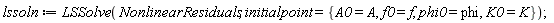 lssoln := LSSolve(NonlinearResiduals, initialpoint = {A0 = A, K0 = K, f0 = f, phi0 = phi})
