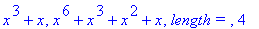 x^3+x, x^6+x^3+x^2+x, `length = `, 4