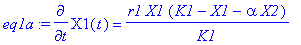 eq1a := diff(X1(t),t) = r1*X1*(K1-X1-alpha*X2)/K1