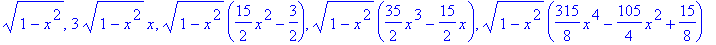 sqrt(1-x^2), 3*sqrt(1-x^2)*x, sqrt(1-x^2)*(15/2*x^2-3/2), sqrt(1-x^2)*(35/2*x^3-15/2*x), sqrt(1-x^2)*(315/8*x^4-105/4*x^2+15/8)