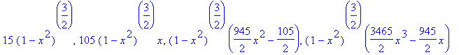 15*(1-x^2)^(3/2), 105*(1-x^2)^(3/2)*x, (1-x^2)^(3/2)*(945/2*x^2-105/2), (1-x^2)^(3/2)*(3465/2*x^3-945/2*x)