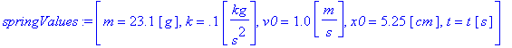 springValues := [m = 23.1*Unit([g]), k = .1*Unit([kg/s^2]), v0 = 1.0*Unit([m/s]), x0 = 5.25*Unit([cm]), t = t*Unit([s])]