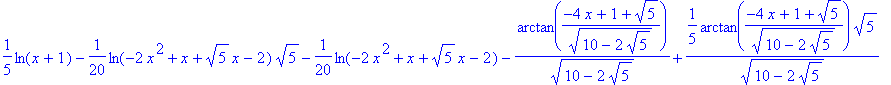 1/5*ln(x+1)-1/20*ln(-2*x^2+x+sqrt(5)*x-2)*sqrt(5)-1...