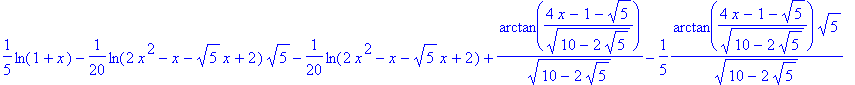 1/5*ln(1+x)-1/20*ln(2*x^2-x-sqrt(5)*x+2)*sqrt(5)-1/...