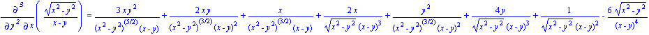 Diff((x^2-y^2)^(1/2)/(x-y), x, `$`(y, 2)) = 3*x*y^2/((x^2-y^2)^(5/2)*(x-y))+2*x*y/((x^2-y^2)^(3/2)*(x-y)^2)+x/((x^2-y^2)^(3/2)*(x-y))+2*x/((x^2-y^2)^(1/2)*(x-y)^3)+y^2/((x^2-y^2)^(3/2)*(x-y)^2)+4*y/((...