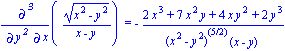 Diff((x^2-y^2)^(1/2)/(x-y), x, `$`(y, 2)) = -(2*x^3+7*x^2*y+4*x*y^2+2*y^3)/((x^2-y^2)^(5/2)*(x-y))