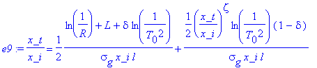 e9 := x_t/x_i = 1/2*(ln(1/R)+L+delta*ln(1/(T[0]^2)))/(sigma[g]*x_i*l)+1/2*(x_t/x_i)^zeta*ln(1/(T[0]^2))*(1-delta)/(sigma[g]*x_i*l)