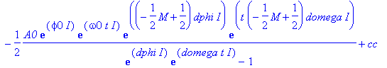packet := 1/2*A0*exp(phi0*I)*exp(omega0*t*I)*exp((1/2*M+1/2)*dphi*I)*exp(t*(1/2*M+1/2)*domega*I)/(exp(dphi*I)*exp(domega*t*I)-1)-1/2*A0*exp(phi0*I)*exp(omega0*t*I)*exp((-1/2*M+1/2)*dphi*I)*exp(t*(-1/2*...