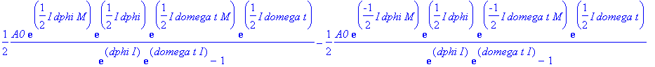 envelope := 1/2*A0*exp(1/2*I*dphi*M)*exp(1/2*I*dphi)*exp(1/2*I*domega*t*M)*exp(1/2*I*domega*t)/(exp(dphi*I)*exp(domega*t*I)-1)-1/2*A0*exp(-1/2*I*dphi*M)*exp(1/2*I*dphi)*exp(-1/2*I*domega*t*M)*exp(1/2*I...