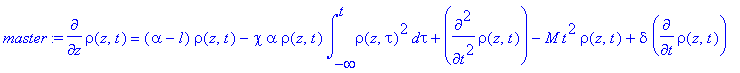 master := diff(rho(z,t),z) = (alpha-l)*rho(z,t)-chi*alpha*rho(z,t)*int(rho(z,tau)^2,tau = -infinity .. t)+diff(rho(z,t),`$`(t,2))-M*t^2*rho(z,t)+delta*diff(rho(z,t),t)