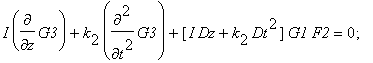 I*diff(G1,z)+k[2]*diff(G1,`$`(t,2)) = 0; 2*k[2]*diff(F2,`$`(t,2))-beta*G1*`G1*` = 0; I*diff(G3,z)+k[2]*diff(G3,`$`(t,2))+[I*Dz+k[2]*Dt^2]*G1*F2 = 0; 2*k[2]*diff(F4,`$`(t,2))+Dt^2*F2F2-beta*(G3*`G1*`+G1...
