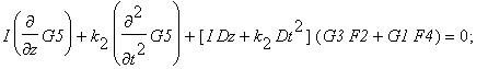 I*diff(G1,z)+k[2]*diff(G1,`$`(t,2)) = 0; 2*k[2]*diff(F2,`$`(t,2))-beta*G1*`G1*` = 0; I*diff(G3,z)+k[2]*diff(G3,`$`(t,2))+[I*Dz+k[2]*Dt^2]*G1*F2 = 0; 2*k[2]*diff(F4,`$`(t,2))+Dt^2*F2F2-beta*(G3*`G1*`+G1...