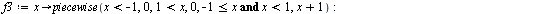 `:=`(f1, proc (x) options operator, arrow; piecewise(`<`(x, -1), 0, `<`(1, x), 0, `and`(`<=`(-1, x), `<=`(x, 1)), 1) end proc); -1; `:=`(f2, proc (x) options operator, arrow; piecewise(`<`(x, -1), 0, ...