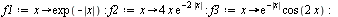 `:=`(f1, proc (x) options operator, arrow; exp(`+`(`-`(abs(x)))) end proc); -1; `:=`(f2, proc (x) options operator, arrow; `+`(`*`(4, `*`(x, `*`(exp(`+`(`-`(`*`(2, `*`(abs(x)))))))))) end proc); -1; `...
