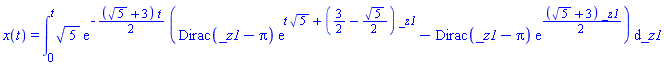 x(t) = Int(5^(1/2)*exp(-(5^(1/2)+3)*t/2)*(Dirac(_z1-Pi)*exp(t*5^(1/2)+(3/2-5^(1/2)/2)*_z1)-Dirac(_z1-Pi)*exp((5^(1/2)+3)*_z1/2)), _z1 = 0 .. t)