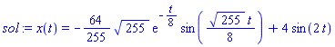 sol := x(t) = -(64/255)*(255^(1/2)*exp(-t/8)*sin(255^(1/2)*t/8))+4*sin(2*t)